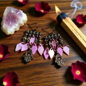 Lilac Shell & Copper Hamsa Hand Chandelier Earrings ~ Sexy & Feminine Essence!